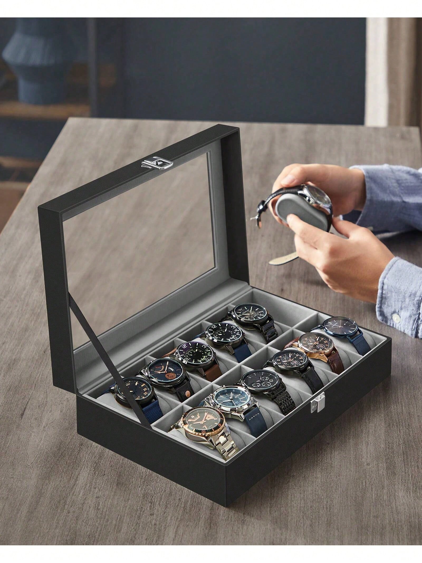 12-Slot Lockable Watch Box wit - Glass Cabinet Display 评论和价格