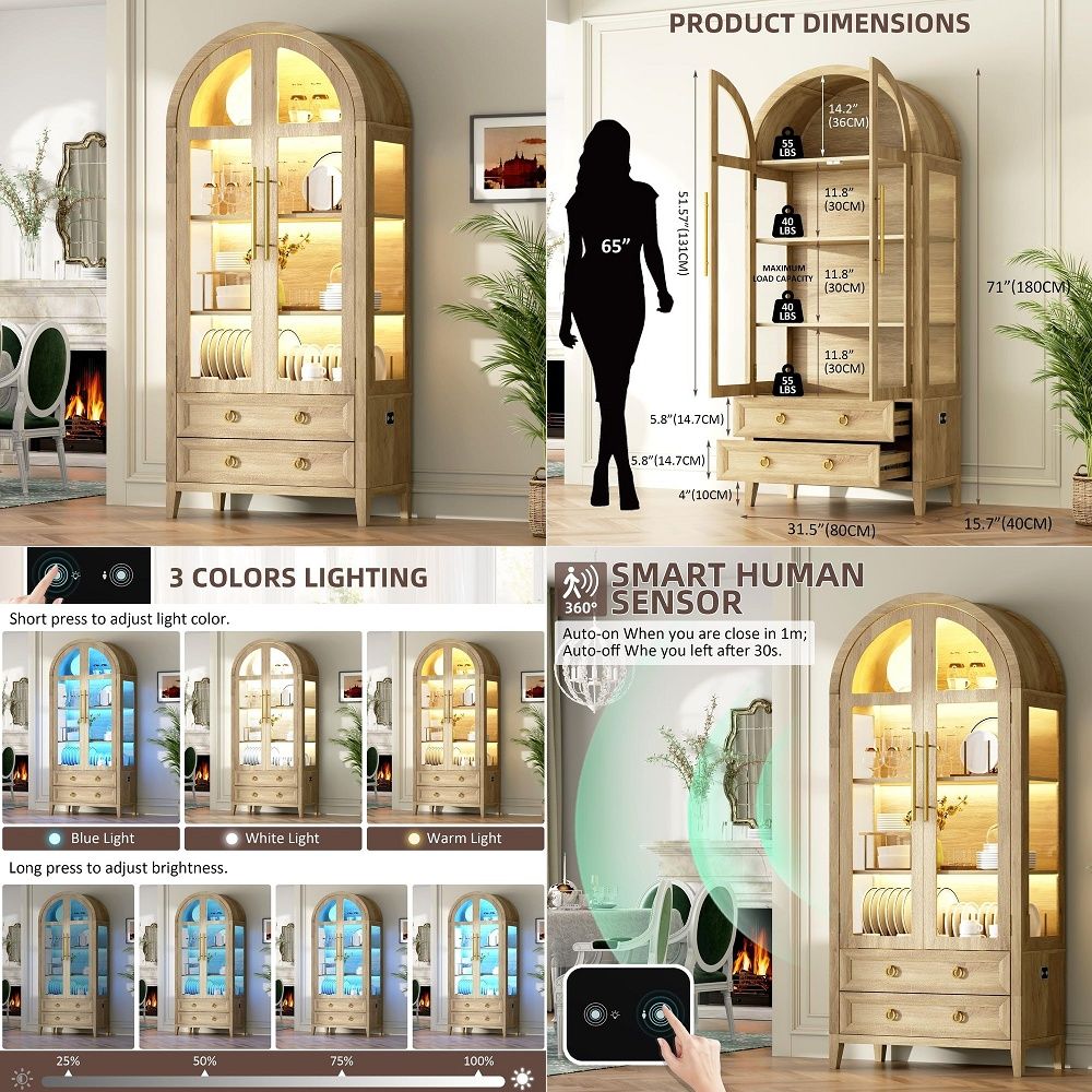 71 Arched Curio Cabinet with G - Glass Cabinet Display 评论和价格